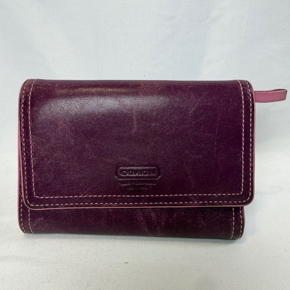 Coach Trifold Wallet Womens Small Purple Pink Leather Two Tone Compact Clutch